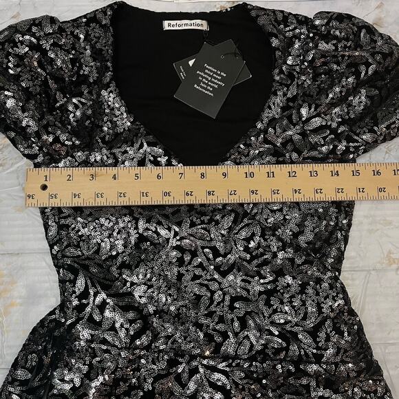 Reformation Long Sleeve Sequins Wrap Cocktail Party Mini Dress XS Black - Picture 12 of 15